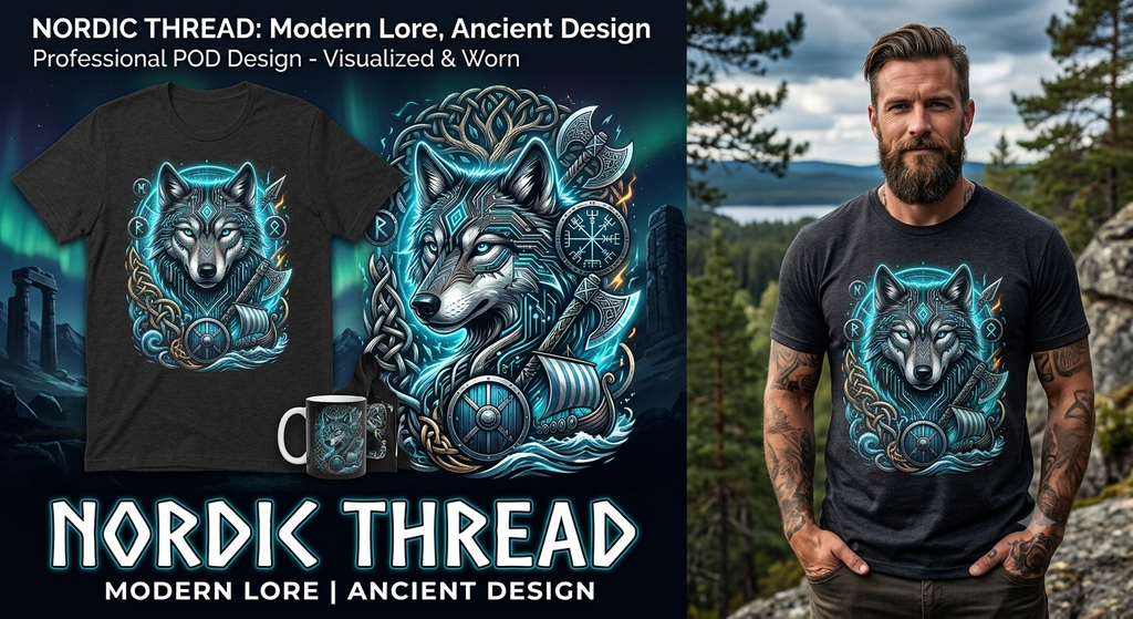 Nordic Thread Fox Graphic T-Shirt — Norse Viking Wolf Design